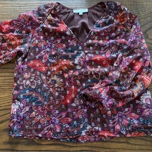 LOFT Burgundy Floral-Accent V-Neck Blouse